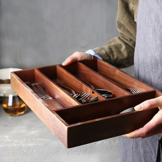 Black Walnut Cutlery Storage Box - Luxury Wooden Utensil Organizer for Kitchen & Dining