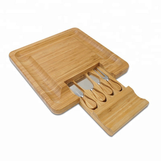 Bamboo Cheese Board with Hidden Drawer & Knife Set - Elegant Serving Platter for Cheese Lovers