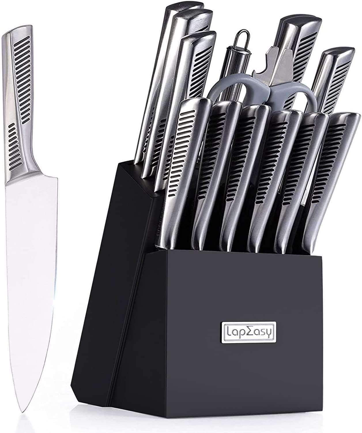 LapEasy 15-in-One Professional Kitchen Knife Set with Oak Wood Block - High Carbon German Stainless Steel